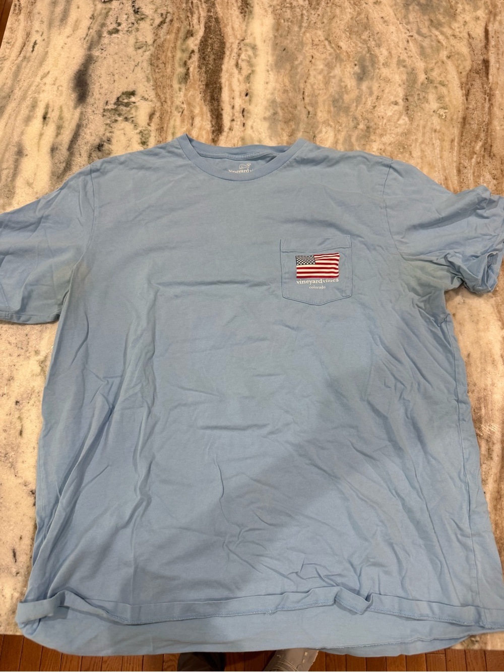 Vineyard Vines Light Blue Short Sleeve Pocket Tee with Flag Patch